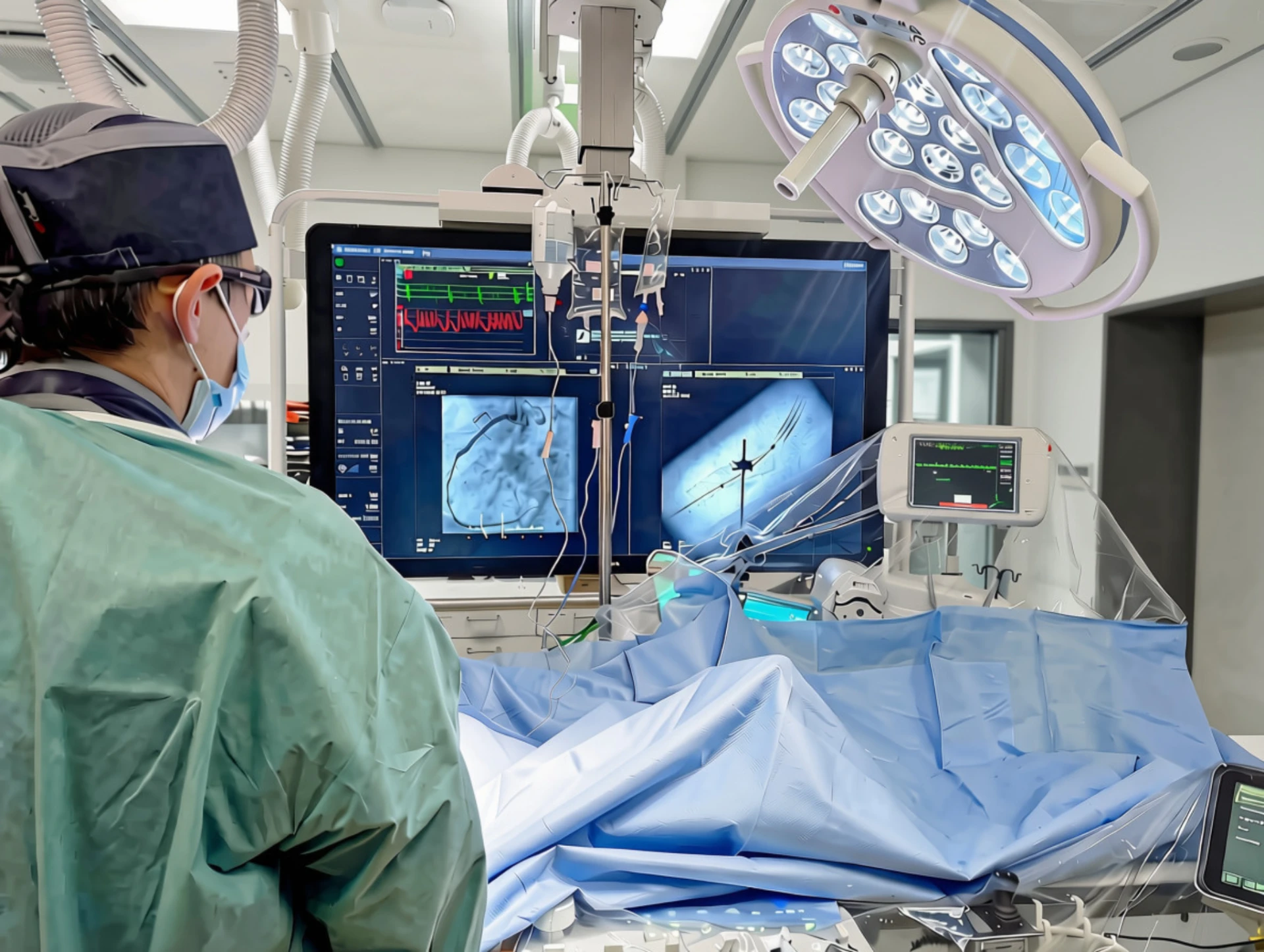 Blick in das Herzkatheterlabor der Praxis: Monitore mit Angiographiebildern und das Untersuchungsfeld